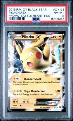 2016 POKEMON XY BLACK STAR PROMO BATTLE HEART TINS #XY174 PIKACHU EX PSA 8 - Image 1