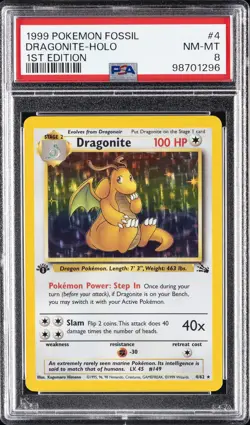 1999 POKEMON FOSSIL 1ST ED #4 DRAGONITE-HOLO PSA 8 - Image 1