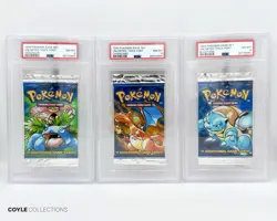 Three 1999 Pokemon Base Set Booster Packs - Charizard, Blastoise, Venusaur PSA 8 - Image 1