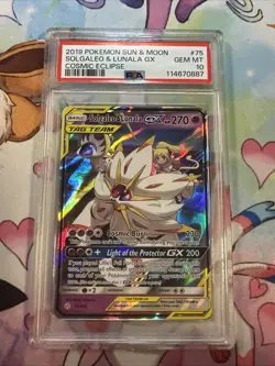 2019 POKEMON SUN & MOON COSMIC ECLIPSE #75 SOLGALEO & LUNALA GX PSA 10 - Image 1