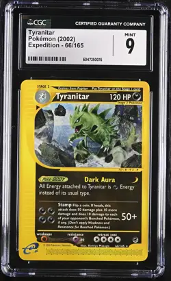 CGC 9 MINT Tyranitar 2002 Expedition 66/165 Non-Holo Rare Pokemon Card - Image 1