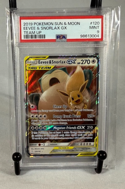 2019 Pokemon Team Up Eevee & Snorlax GX 120/181 Ultra Holo Foil Rare PSA 9 Mint - Image 1