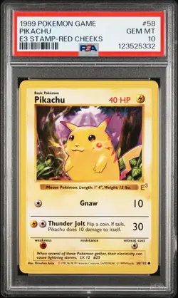 1999 POKEMON BASE SET UNLIMITED E3 STAMP-RED CHEEKS #58 PIKACHU PSA 10 - Image 1