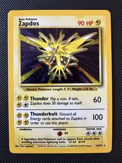 Zapdos 16/102 Unlimited Holo Rare Base Set English 1999 Wizards Pokemon Card - Image 1