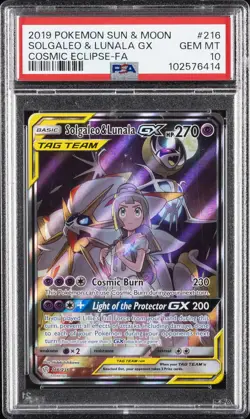 2019 POKEMON SUN & MOON COSMIC ECLIPSE #216 FULL ART/SOLGALEO & LUNALA GX PSA 10 - Image 1
