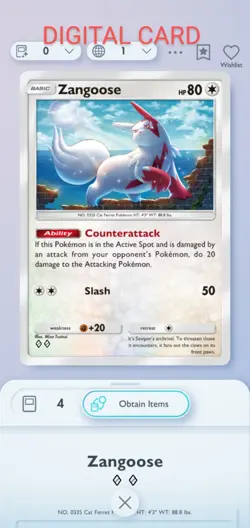 Zangoose Pokemon Pocket Mobile Phone Secluded Springs Set ◇◇ Rare Trade Card - Image 1