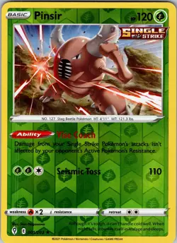 Pokemon TCG Pinsir SWSH Evolving Skies 001/203 Reverse Holo Rare Card NM - Image 1