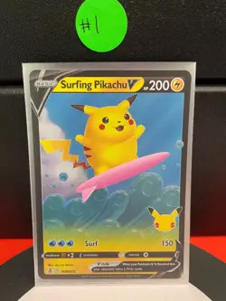 Pokemon Celebrations Surfing Pikachu V 008/025 Full Art Holo Rare TCG Card 2021 - Image 3