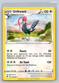 Unfezant #145/192 SWSH02: Rebel Clash Rare - Pokemon Cards G19 - Image 1