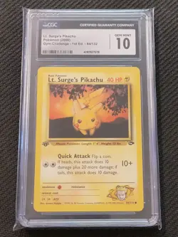Pokemon 1st ED EDITON Lt. Surge's Pikachu 84/132 Gym Heroes Challenge CGC GEM 10 - Image 1