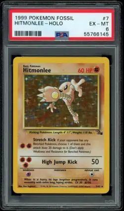 Hitmonlee #7 7/62 -Holo Rare 1999 Fossil Set Unlimited Pokemon WOTC PSA 6 EX-MT - Image 1