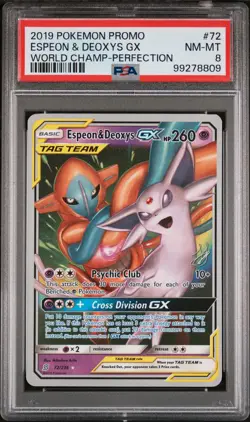 2019 POKEMON WORLD CHAMPIONSHIPS PROMO PERFECTION #72 ESPEON & DEOXYS GX PSA 8 - Image 1