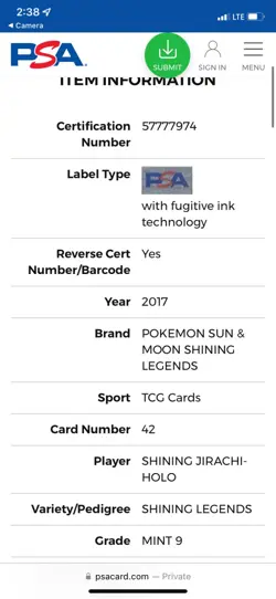 PSA 9 Mint Shining Jirachi 2017 Pokemon Sun & Moon Shining Legends Holo 42/73 - Image 3