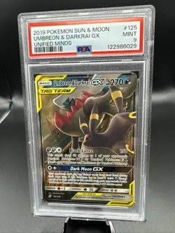 2019 Pokemon Sun and Moon Umbreon and Darkrai GX PSA 9 Unified Minds 125/236 - Image 1