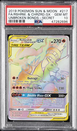 2019 POKEMON SUN & MOON UNBROKEN BONDS FULL ART/RESHIRAM & CHARIZARD GX PSA 10 - Image 1