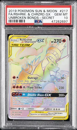 2019 POKEMON SUN & MOON UNBROKEN BONDS FULL ART/RESHIRAM & CHARIZARD GX PSA 10 - Image 1