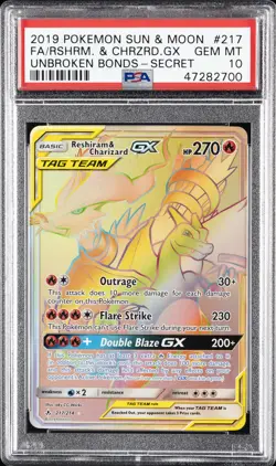 2019 POKEMON SUN & MOON UNBROKEN BONDS FULL ART/RESHIRAM & CHARIZARD GX PSA 10 - Image 1