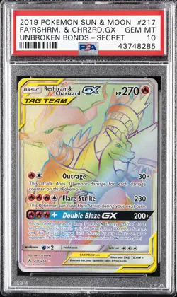 2019 POKEMON SUN & MOON UNBROKEN BONDS FULL ART/RESHIRAM & CHARIZARD GX PSA 10 - Image 1