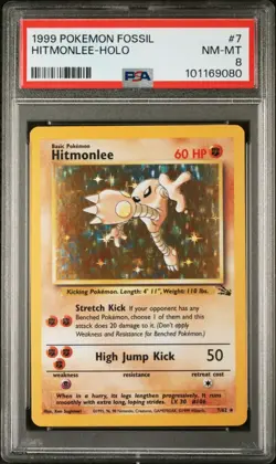 1999 Pokemon Fossil #7 Hitmonlee Holo PSA 8 - Image 1