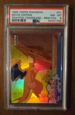 1999 Topps Pokemon First Movie Edition Trapped Charizard Rainbow Foil #51 PSA 8 - Image 1