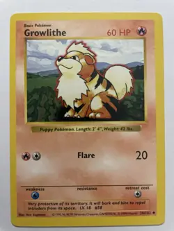 Growlithe - 28/102 - Uncommon - Shadowless , English Pokemon Base Set - LP - Image 1