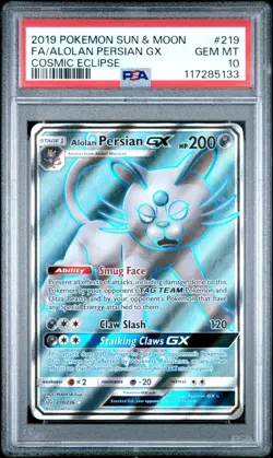 Pokemon Alolan Persian GX 219/236 Full Art SM Cosmic Eclipse PSA 10 GEM MINT - Image 1