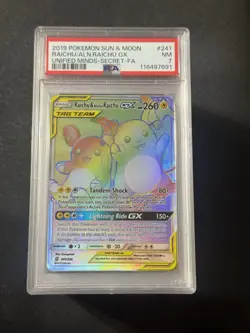 2019 Pokemon Unified Minds Raichu & Alolan Raichu GX 241 Secret PSA 7 - Image 1