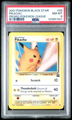 2001 POKEMON PROMO BLACK STAR POKEMON LEAGUE #26 PIKACHU PSA 8 - Image 1