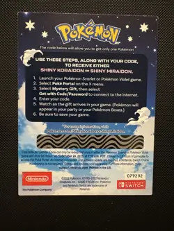 Pokemon Scarlet And Violet Serial Codes Shiny Koraidon or Miraidon UNSCRATCHED! - Image 2