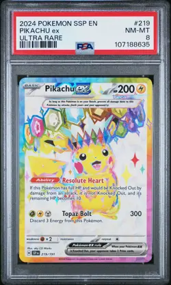 2024 POKEMON SSP EN-SURGING SPARKS ULTRA RARE #219 PIKACHU EX PSA 8 - Image 1