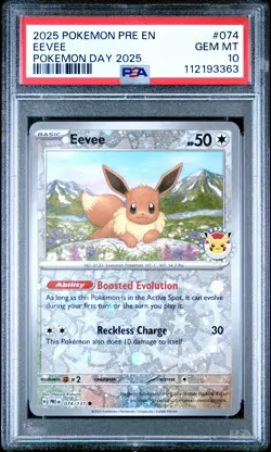 2025 POKEMON PRE EN-PRISMATIC EVOLUTIONS POKEMON DAY 2025 #074 EEVEE PSA 10 - Image 1