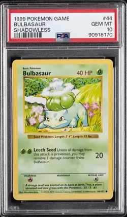 1999 POKEMON GAME SHADOWLESS #44 BULBASAUR PSA 10 - Image 1
