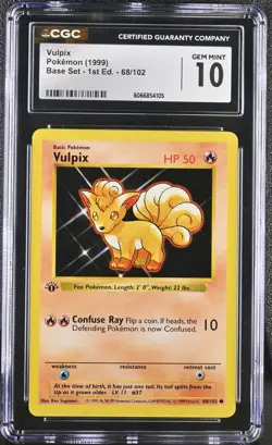 CGC 10 GEM MINT Vulpix 1999 Base Set 1st Edition Shadowless 68/102 Pokemon Card - Image 1