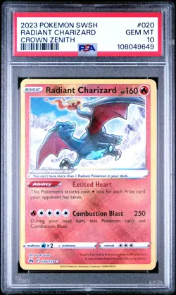 2023 POKEMON SWORD & SHIELD CROWN ZENITH #020 RADIANT CHARIZARD PSA 10 - Image 1