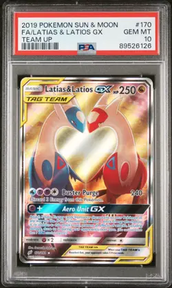 2019 POKEMON SUN & MOON TEAM UP #170 FULL ART/LATIAS & LATIOS GX PSA 10 - Image 1