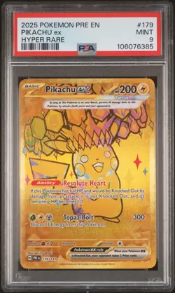 2025 POKEMON PRISMATIC EVOLUTIONS HYPER RARE #179 PIKACHU EX - PSA 9 MINT - Image 1