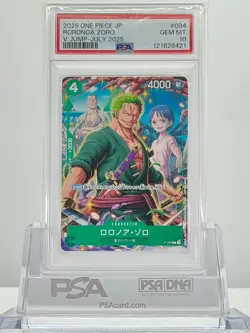 PSA 10 RORONOA ZORO P-094 2025 ONE PIECE CARD JAPANESE V JUMP-JULY Promo - Image 1