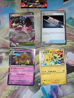 4 Card Pokemon Lot: Mega evolutions mawile Ex, Alakazam Promo, Foil Night Stretc - Image 1