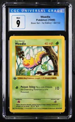 1999 POKEMON GAME BASE SET WEEDLE #69 1ST EDITION SHADOWLESS CGC 9 MINT - Image 1