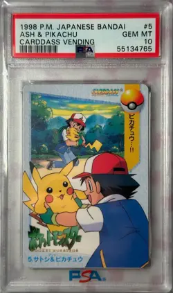 Pokemon Japanese Carddass 1998 005 Ash & Pikachu 5 Card Bandai PSA 10 68802871 - Image 1
