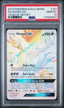 2019 Pokemon Sun Moon Team Up Hoopa GX FA Rainbow Secret Rare #187/181 PSA 10 - Image 1