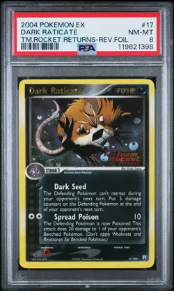 2004 POKEMON EX TEAM ROCKET RETURNS #17 DARK RATICATE-REVERSE FOIL PSA 8 - Image 1