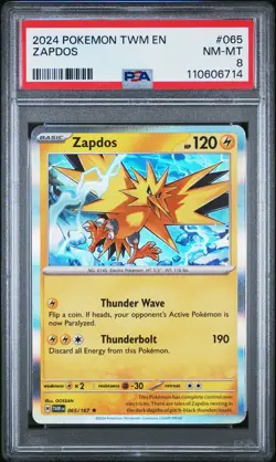 2024 POKEMON TWM EN-TWILIGHT MASQUERADE #065 ZAPDOS PSA 8 - Image 1
