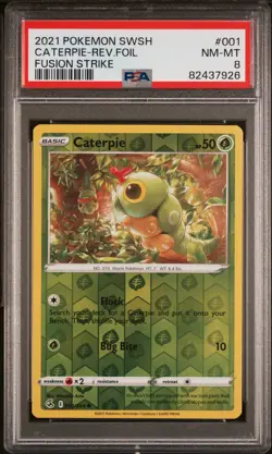 2021 POKEMON SWORD & SHIELD FUSION STRIKE #001 CATERPIE-REVERSE FOIL PSA 8 - Image 1