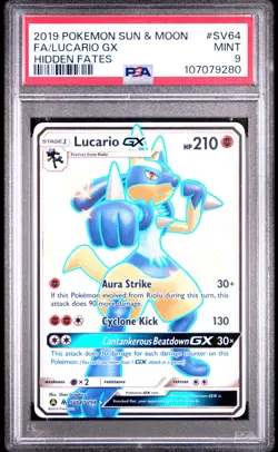 2019 POKEMON SUN & MOON HIDDEN FATES #SV64 FULL ART/LUCARIO GX PSA 9 - Image 1