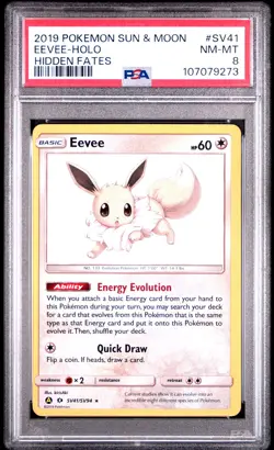 2019 POKEMON SUN & MOON HIDDEN FATES #SV41 EEVEE-HOLO PSA 8 - Image 1