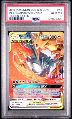 2019 POKEMON SUN & MOON HIDDEN FATES #44 MOLTRES & ZAPDOS & ARTICUNO GX PSA 10 - Image 1