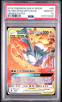 2019 POKEMON SUN & MOON HIDDEN FATES #44 MOLTRES & ZAPDOS & ARTICUNO GX PSA 10 - Image 1