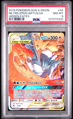 2019 POKEMON SUN & MOON HIDDEN FATES #44 MOLTRES & ZAPDOS & ARTICUNO GX PSA 8 - Image 1