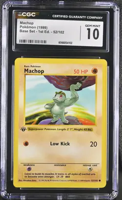 CGC 10 GEM MINT Machop 1999 Base Set 1st Edition Shadowless 52/102 Pokemon Card - Image 1